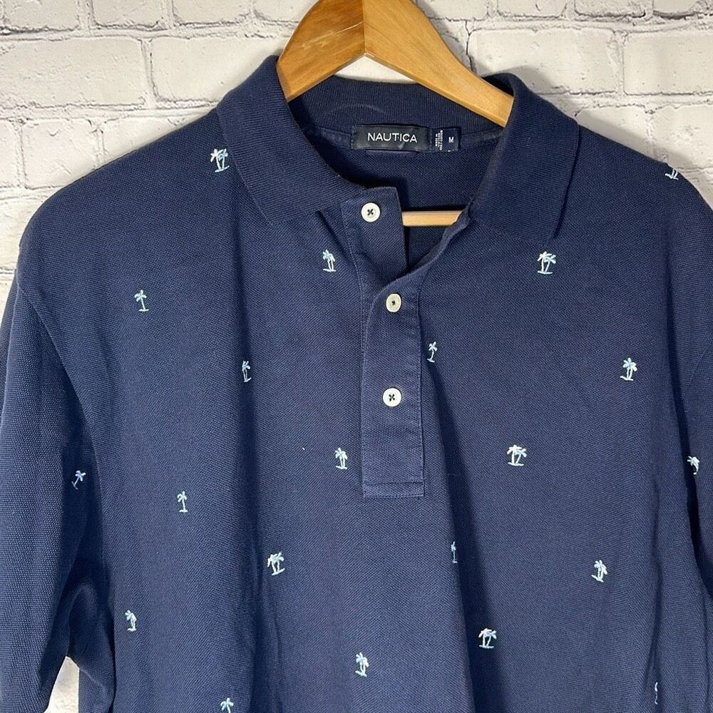 Nautica Mens Embroidered Palm Tree All over Print Blue Polo Short Sleeve M Mediu